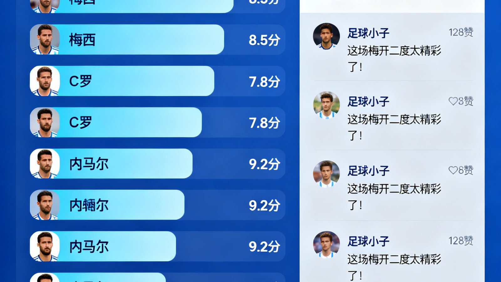看球宝球迷社区赛后球员评分界面，展示多名球员的评分条形图和用户评论，界面设计现代简洁
